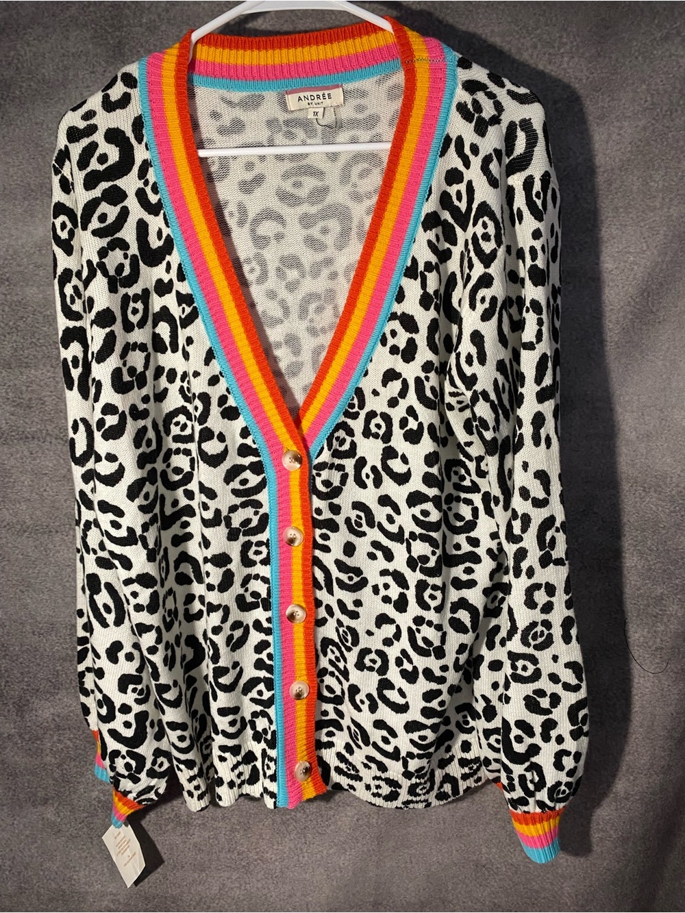 Andree by Unit Animal Print Rainbow Trim Cardigan Sweater Plus Size 1X NWT